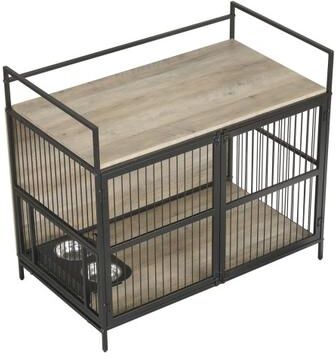 Costway Wooden Dog Crate Furniture for Medium Dogs with Bowls and Rotatable Holder-Gray