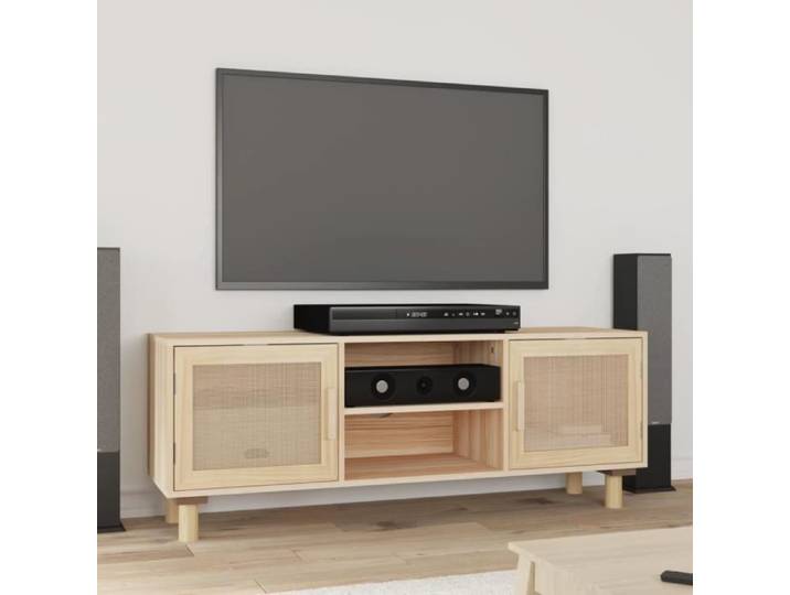 Meuble TV - ALOMEJOR - Marron - 105x30x40 cm - Bois massif - Rotin naturel