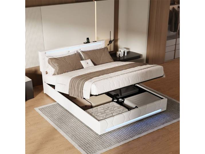 Lit coffre140x200 lit 2 places cadre de lit adulte lit rembourré USB et LED tissu lin beige