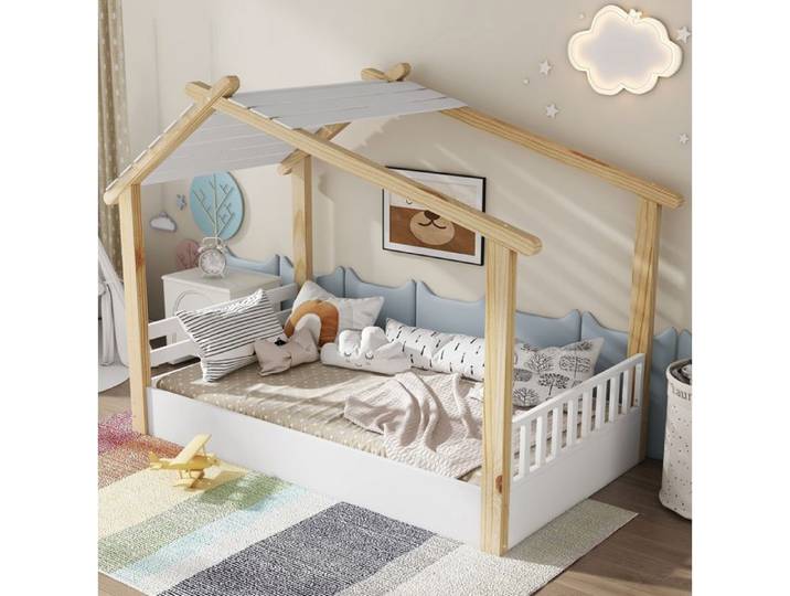 Lit enfant cabane 90 x 200 cm SENVIRO design maison en bois blanc et naturel