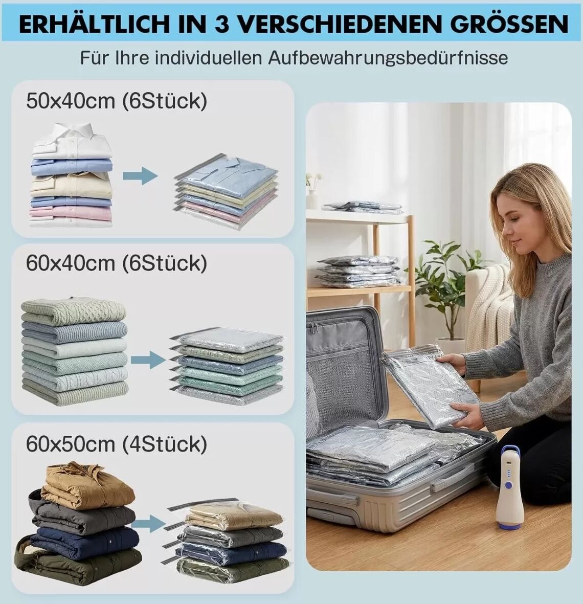 INF Reise Vakuum-Kompressionsbeutel 15-teilig (5L+5M+5S) – platzsparende, wiederverwendbare PA+PE-Aufbewahrung für Bettzeug,