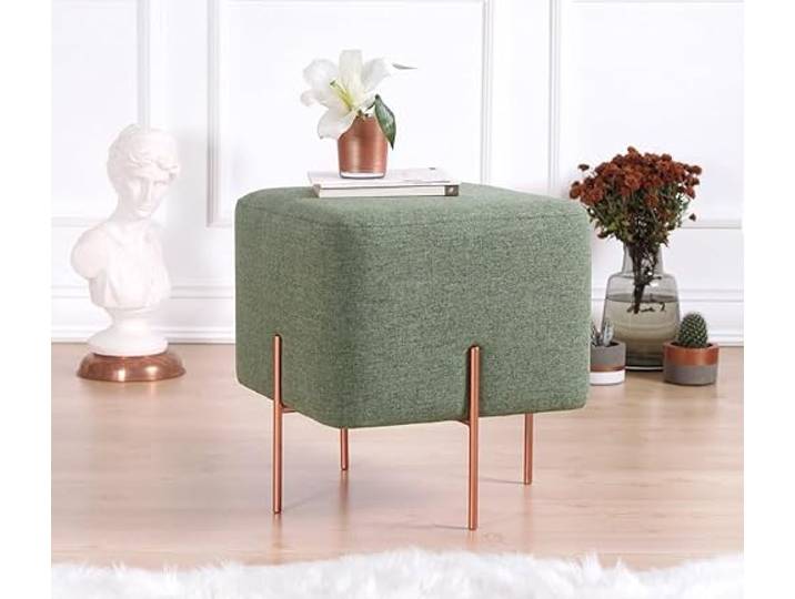 Bohème-Pouf mit kupferbeschichteten Eisenbeinen, Grün, 40 x 42 x 40 cm 50 % Baumwolle/50 % Leinen, 5 cm orthopädischer Schaumstoff Stilvoll und funktional für Hotels und moderne Räume