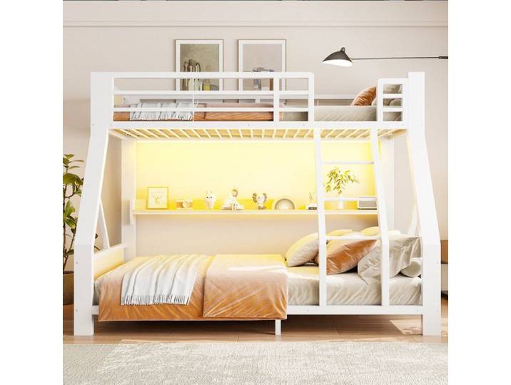 Lit superposé métal 90×200 /140×200 cm lit simple haut / lit double bas lit enfant éclairage LED structure en fer et bois blanc