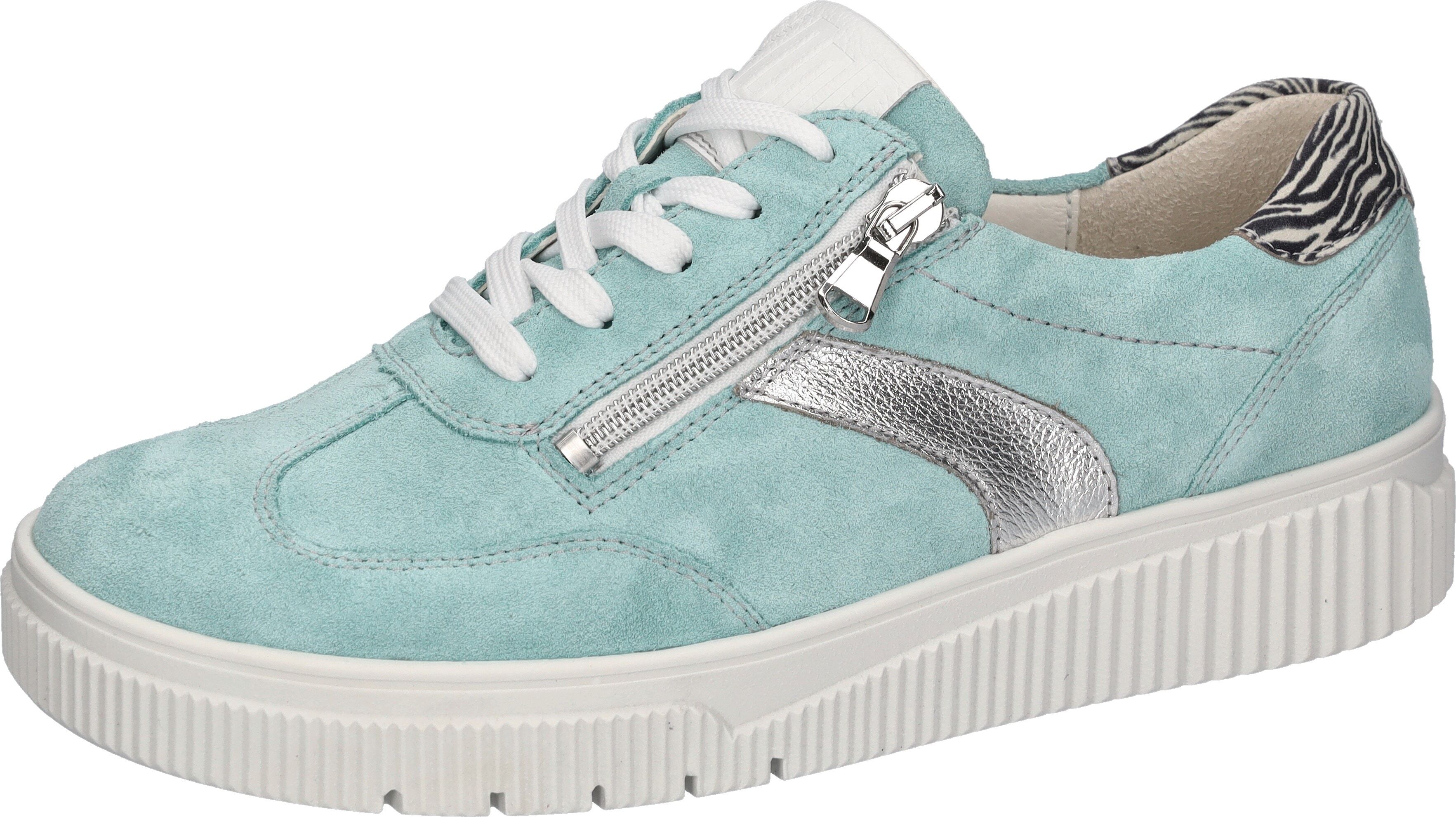 Plateausneaker WALDLÄUFER "K-SANSA", Damen, Gr. 5 (38), Leder Textil, blau (mint, silberfarben, weiß), Nappaleder, Nubukleder, Veloursleder, kontrastfarbene Details, metallic, Schuhe Plateausneaker, Schnürschuh, Halbschuh, Freizeitsneaker mit Leder-Fussbe