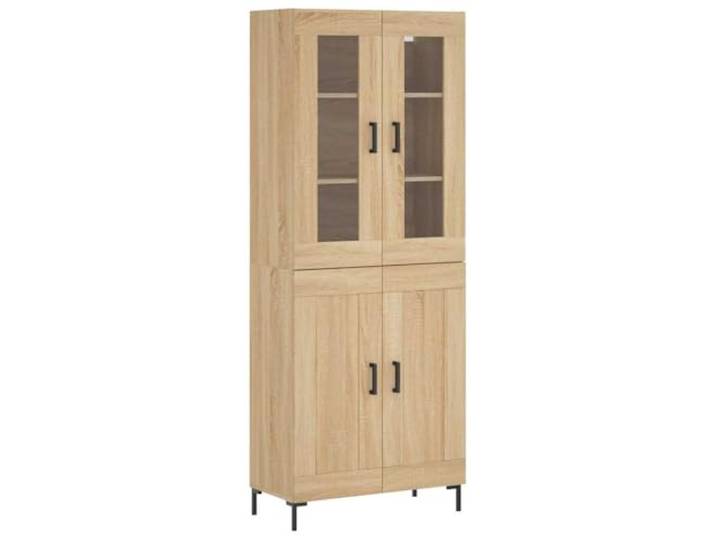 Fisinber Highboard Sonoma-Eiche 69,5x34x180 cm Holzwerkstoff Stilvoller Vitrinenschrank aus Holzwerkstoff und Glas mit Metallfüßen für Wohnzimmer und Flur.