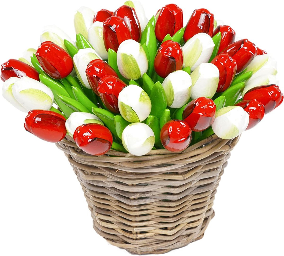 SnelShoppen 50 Handgeschilderde Houten Tulpen in Wicker Mand, Rood en Zwart, Hoogte: 34 cm