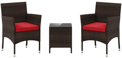 Costway 3 Pieces Outdoor Conversation Set with Cushioned Seat and Glass Tabletop-Red