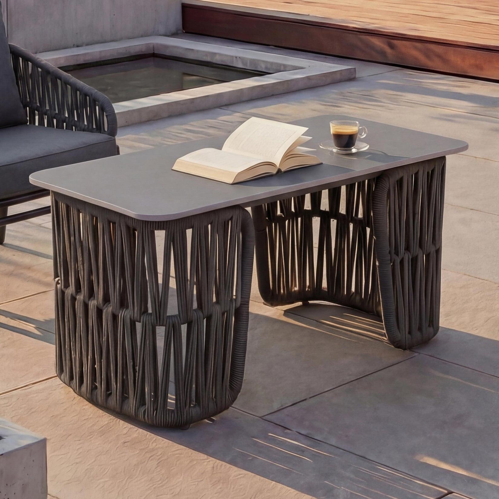 Loungetisch MCW-P90, Gartentisch Balkontisch Outdoor, Seilgeflecht Rope Sinterstein 43x90x45cm ~ anthrazit, Platte grau