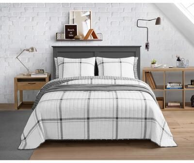 Nautica Fleetville Windowpane Plaid Reversible Soft Cotton Quilt (Grey, 3 Piece Set)