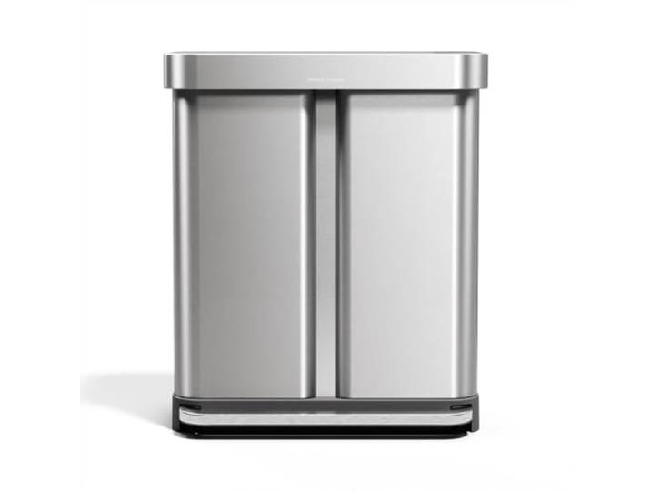 simplehuman CW2209 58 Liter, Rechteckiger Doppelfach Treteimer mit Beutelfach, Mülltrennsystem 2 Fach, Mülleimer Küche, Abfalleimer, Mülltrennung, gebürsteter Edelstahl mit grauem Kunststoffdeckel