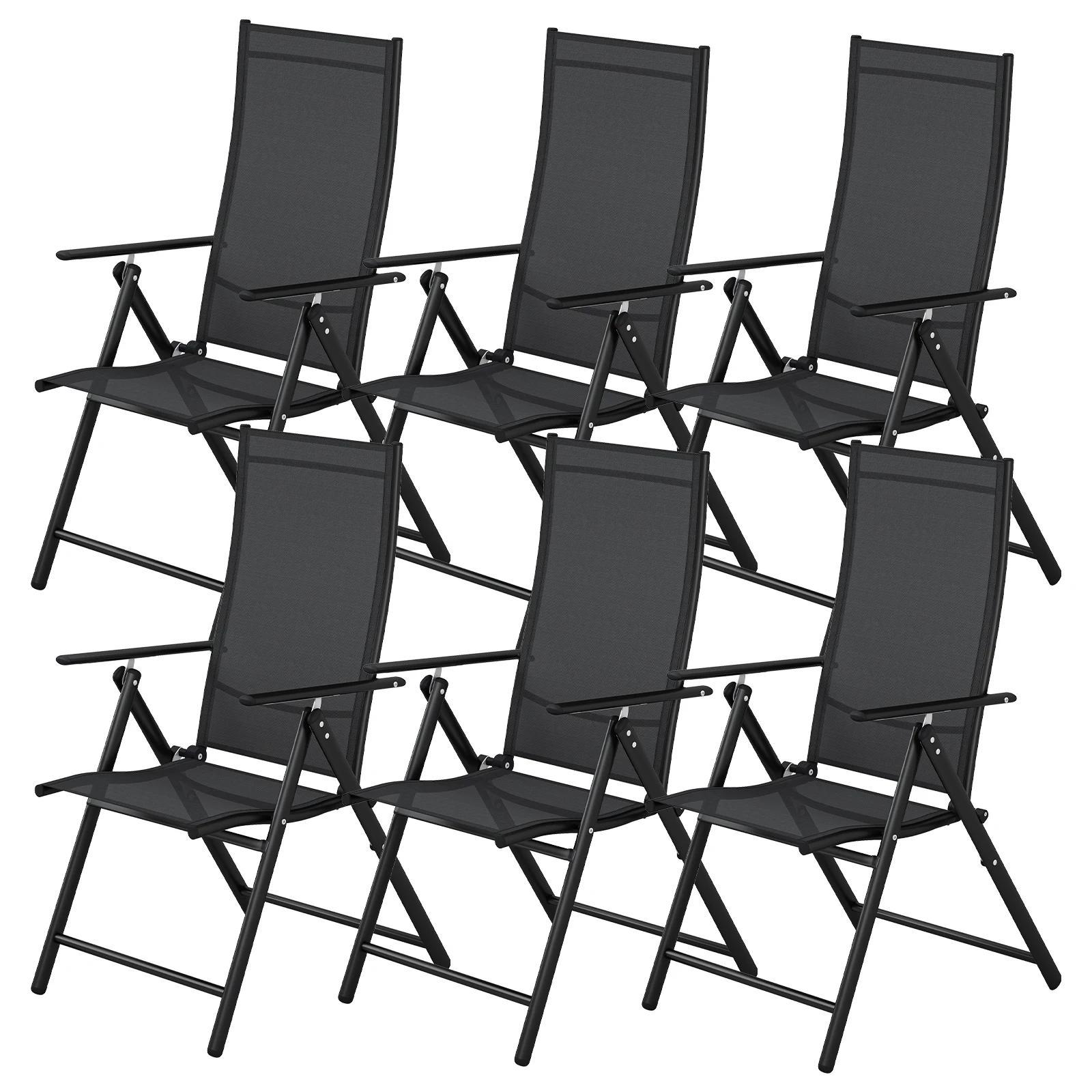 Gartenstühle 6er Set - Klappstuhl hohe Rückenlehne - 7-fach verstellbar - Mit Armlehnen - Atmungsaktiv - Metallgestell - Schwarz