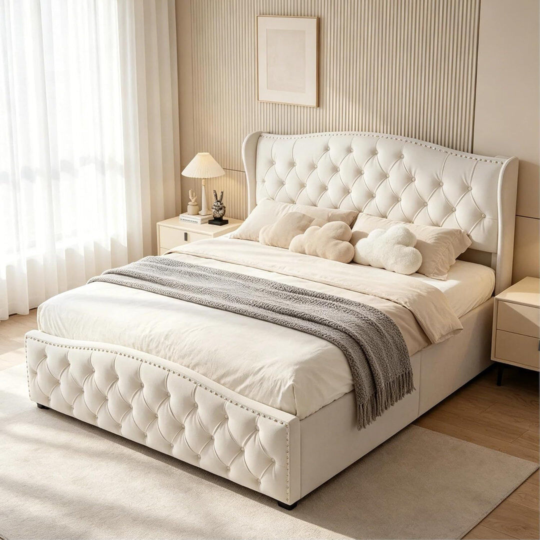 17 Stories Upholstered Storage Bed Frame Beige Kingsize (5')