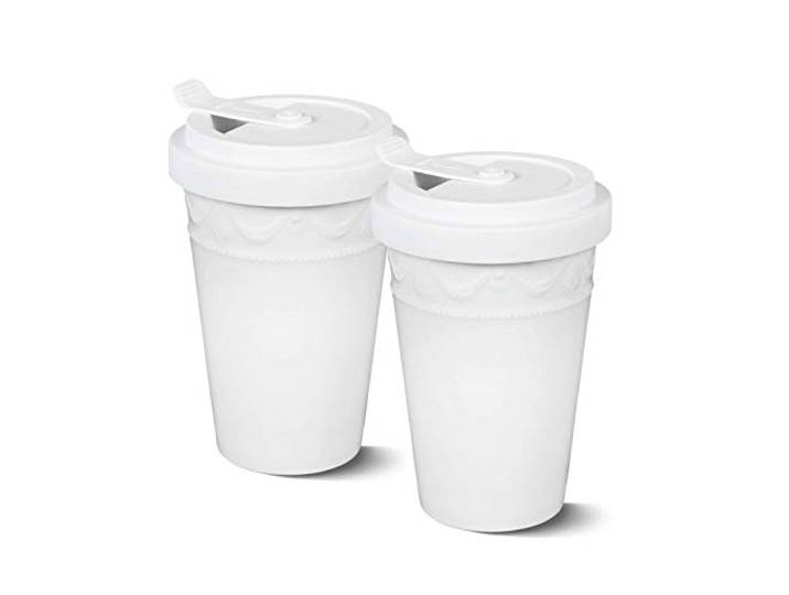 KPM Berlin KURLAND To-Go Becher Duo-Set 2tlg. reinweiß mit Deckel, Porzellanbecher 0,35l, handgefertigte Kaffeebecher 14 cm im Geschenkkarton