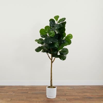 Nearly Natural 6' Artificial Fiddle Leaf Fig Tree with White Decorative Planter
