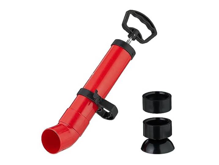 Relaxdays ontstoppingspomp afvoer, 2 opzetstukken, voor toilet, douche, gootsteenontstopper, perslucht, zwart/rood