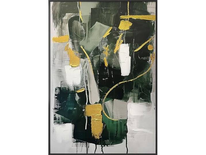 STYLER Leinwandbild Forest 70 x 100 cm mit schwarzem Rahmen – Abstraktes Canvas-Handpainting in Grün & Gold – Modernes Abstract Balance Wandbild