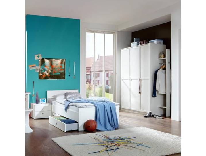 Lomadox Jugendzimmer komplett Set mit 90x200cm Bettgestell in weiß, 6-teiligBettgestell, Bettschubkästen, Nachttisch, Kleiderschrank, Garderobenstange