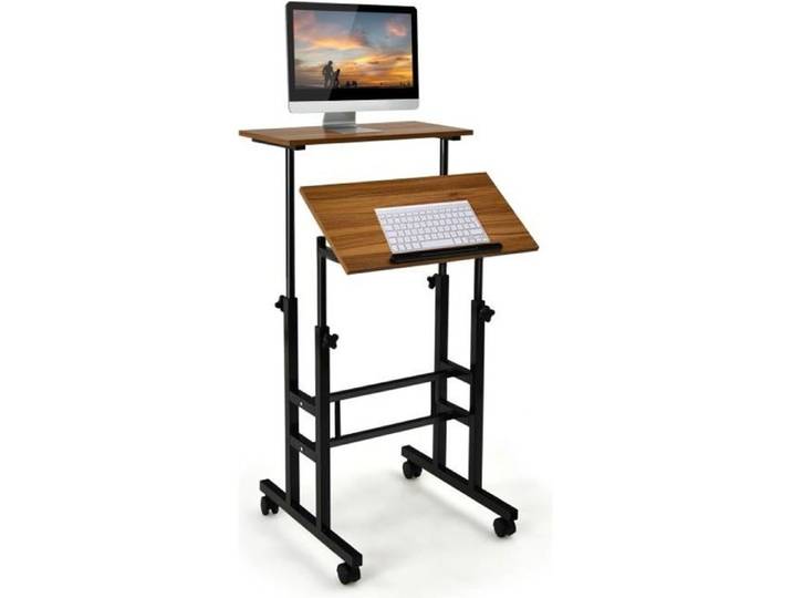 COSTWAY Bureau Assis-Debout à Roulettes Table Imformatique pour Ordinateur Hauteur Réglable Poste de Travail Style Moderne Noyer