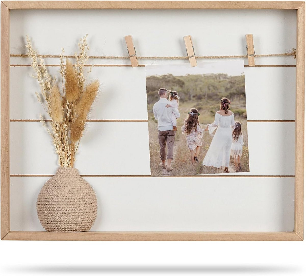 Houten 3D Fotolijst Collage met Droogbloemen en Ophangclips voor Persoonlijke Decoratie
