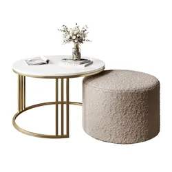 COUCHTISCH mit Hocker LORI Hochglanz gebürstetes Gold/weißer Glanz/Coral 50