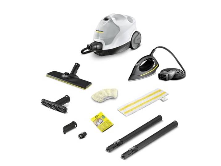 Kärcher Dampfreiniger SC 4 EasyFix Iron, Dampfdruck: 3,5 bar, Aufheizzeit: 4 min., Leistung: 2.000 W, Flächenleistung: 100 m², 2-Tank-System: 0,5 l + 0,8 l, Bodendüse EasyFix, Dampfdruck-Bügeleisen