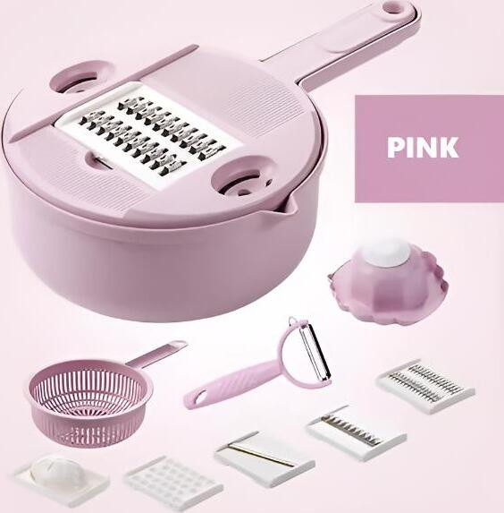 CHOPIBOX Set van 11 vaatwasseraccessoires met multifunctionele groentesnijder, afdruipmand en knoflookrasp, roze
