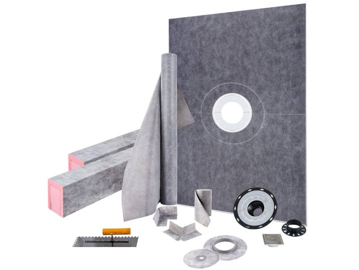 Kit de seuil de douche VEVOR\, support de seuil de douche étanche 38 x 60 pouces avec bride centrale en PVC de 4 pouces\, grille en acier inoxydable de 4 pouces\, 2 seuils de douche découpables et truelle\, barres de pente pour receveurs de douche