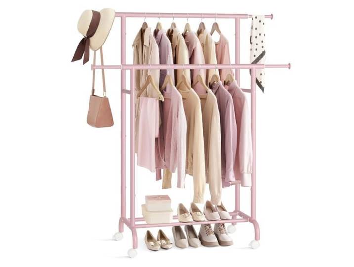 Porte-Manteau à Roulettes Portant à Vêtements Double Barre Porte-vêtements Capacité Totale 80 kg 83-120 cm de Large Rose Bonbon