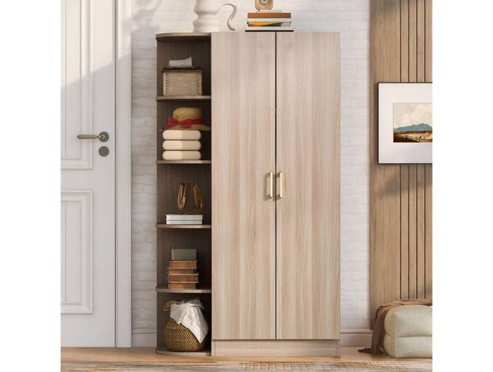 Armoire Chambre Adulte/Enfant en Bois 175x90x55cm Armoire de Rangement avec Penderie Armoire 2 Portes avec Étagères Naturel