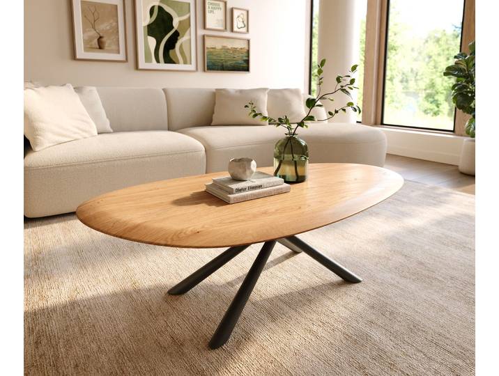 Couchtisch Edge Oval 140x75 cm Eiche Natur Runde Kante Sarity Metall Schwarz, Couchtische