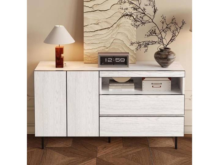 Buffet - KOMHTOM - 140x42x77 cm - 2 portes 2 tiroirs - étagères ouvertes - Blanc