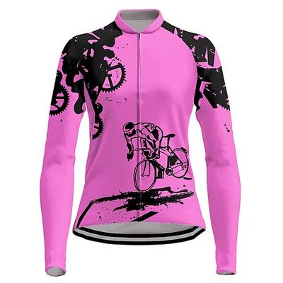 Damen Radtrikot Grafik Langarm Fahhrad Trikot Oberteil mit 3 Gesäßtaschen Mountainbike MTB Straßenradsport Schnelltrocknend Reflektierende Streifen Rückentasche Feuchtigkeitsableitend Sport Violett