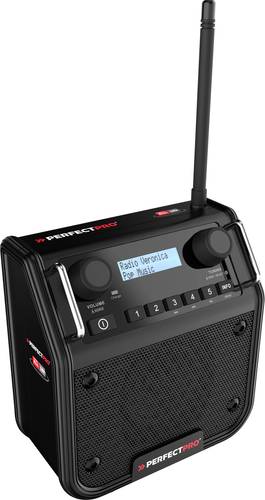PerfectPro DPR2-18V Baustellenradio DAB+, UKW AUX, Bluetooth, DAB+, UKW spritzwassergeschützt, staubdicht, stoßfest Schwarz