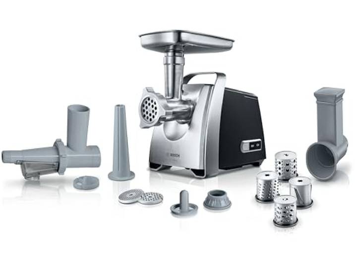 Bosch Fleischwolf MFW68660, Wurstausfatz, Reibe mit 4 Raspeln, 3 Edelstahl Lochscheiben (3, 4,8, 8mm), 2200 W Blockierleistung, 880 W, Silber