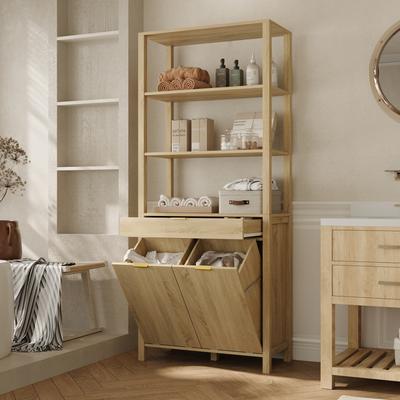 FUFU&GAGA Tall Laundry Hamper Cabinet with Shelves and Drawer for Bathroom