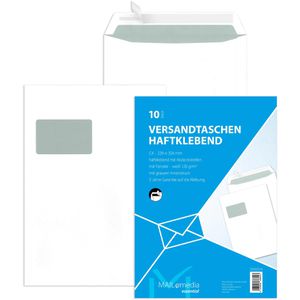 Mailmedia Versandtaschen Offset, weiß, C4, mit Fenster, haftklebend, aus Papier, 10 Stück