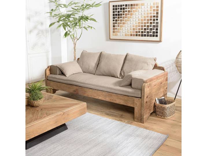Canapé convertible en bois recyclé coussins taupe DENVER