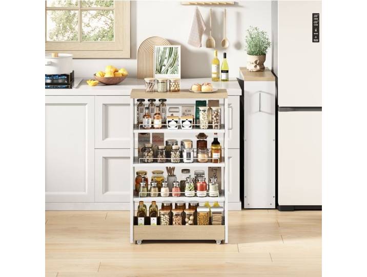 COVREO desserte de rangement étroite 20 cm sur roulettes 4 étagères réglables blanc et aspect bois