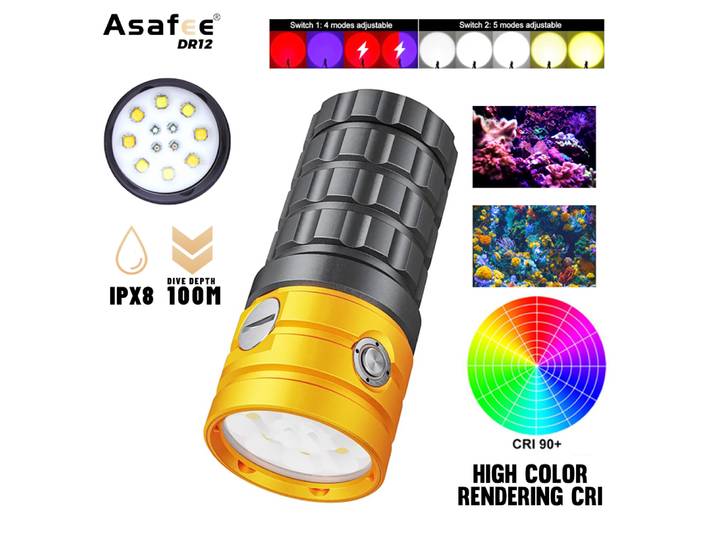 Asafee-Lampe de poche de plongée LED professionnelle, étanche, rouge, bleu, blanc, chaud, sous-marin, photographie, vidéo, torche, DR12, 25000LM