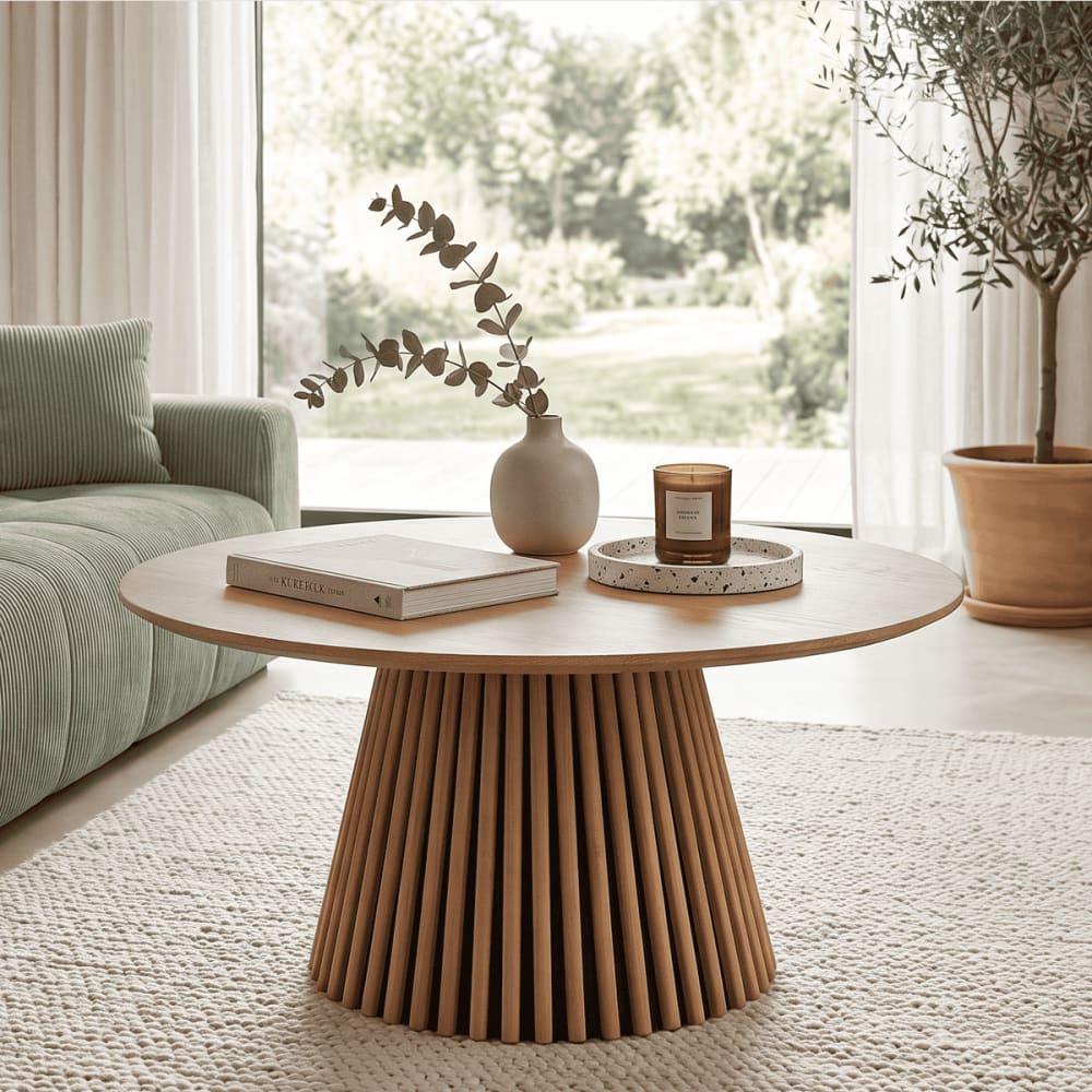 Homifab Table basse ronde en bois piètement cannelé ø80 cm Marron 80x38x80cm