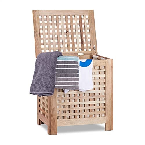 Relaxdays Wasmand Walnotenhout met Deksel en Uitneembare Waszak, Bruin, H 55,5 x B 52,5 x D 39,5 cm