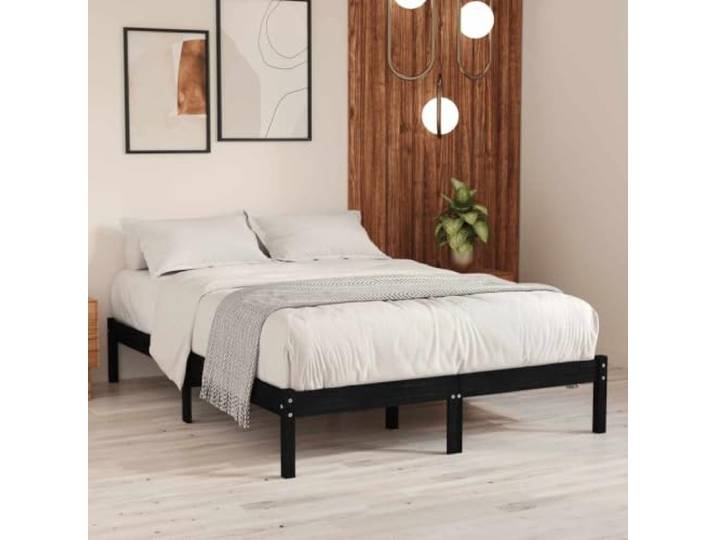 Massiv Kiefernholz modernes Bettgestell stabil 140x190 cm Schwarz Massivholzbett Schwarz Kiefer 140x190 cm Bettgestell mit Kopfteil Stabil Robust Modern
