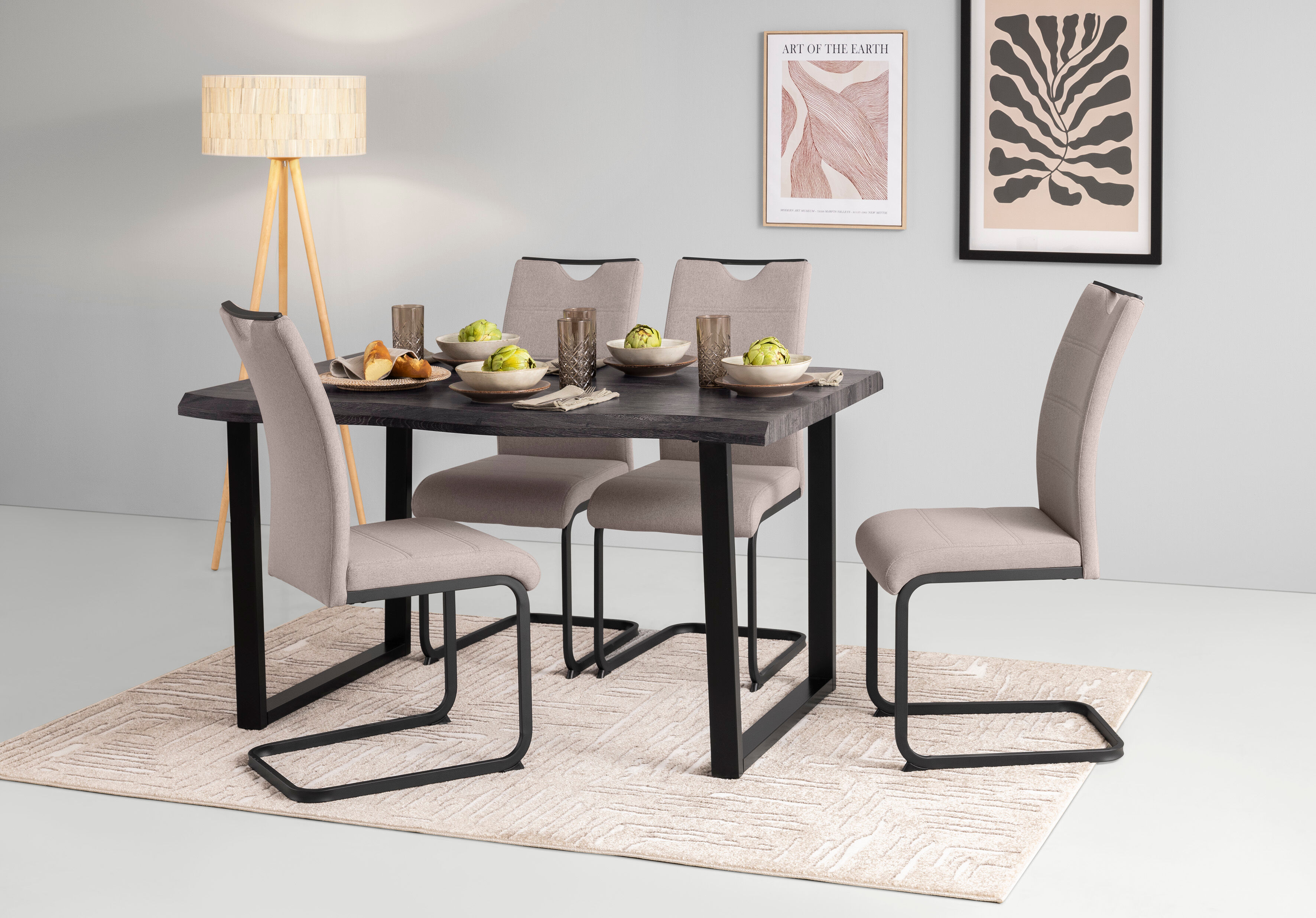 Essgruppe HELA "GISELLE Esszimmer, Essgruppe, Sitzgruppe", grau (grau, schlamm, schlamm, schwarz), Sitzmöbel-Sets, Essgruppe, Esstisch U-Gestell Metall, Tischplatte mit Baumkante, OTTOs Choice grau, schlamm, schlamm, schwarz Einheitsgröße