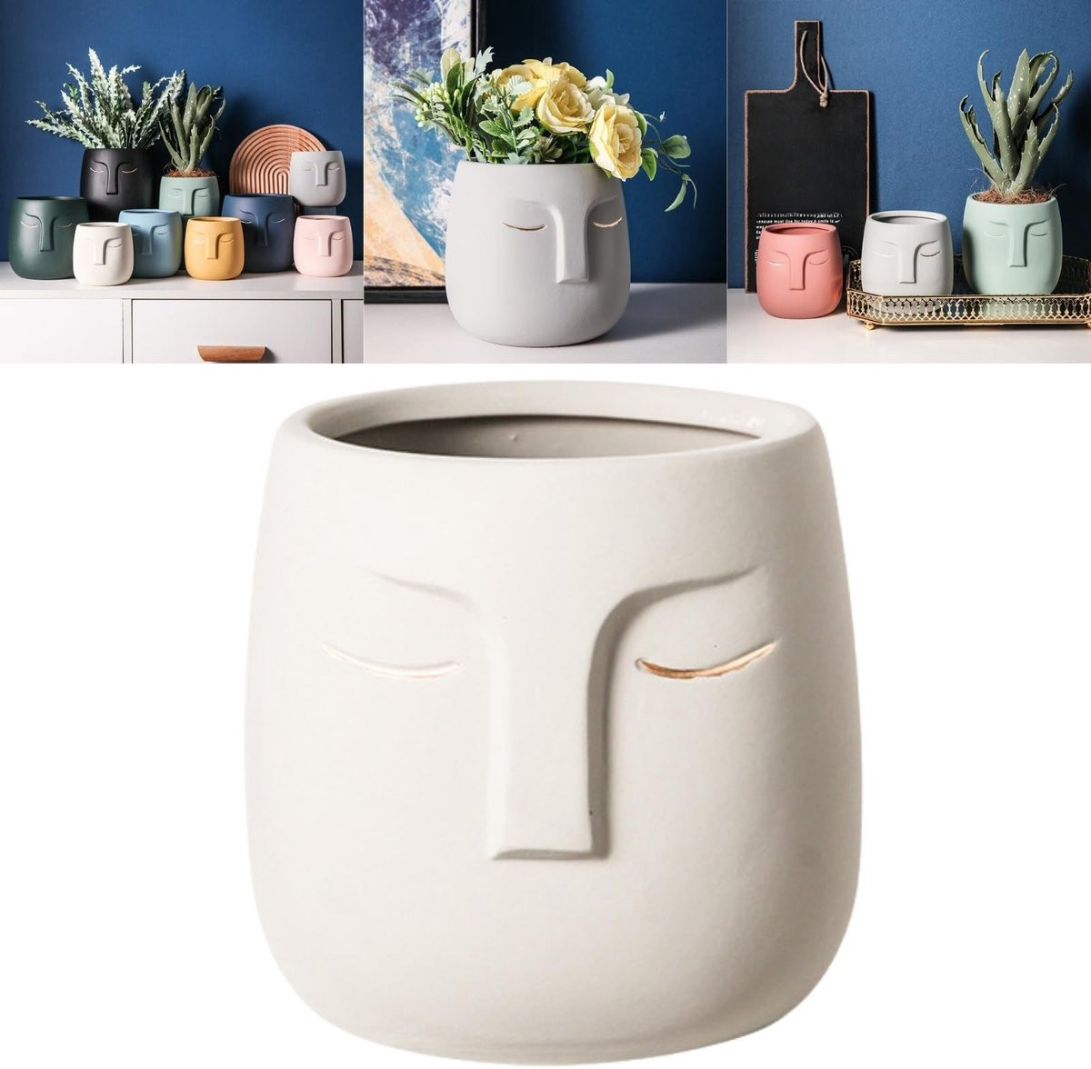 Beige Keramische Plant Pot met Gezicht en Afvoergat