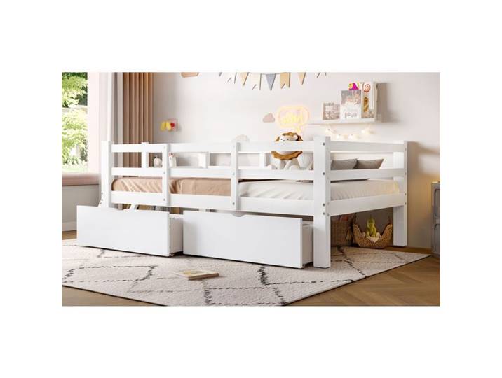 Lit simple - SOGEU - 90x200 - Lit plateforme pin massif - 2 tiroirs - Barrière de protection