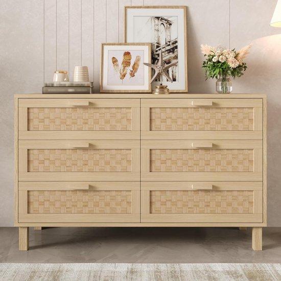Famanu Holzkommode mit sechs Rattanschubladen - Stauraum für Wohnzimmer und Schlafzimmer - 120x75x40 cm - Natürliche Holzoptik