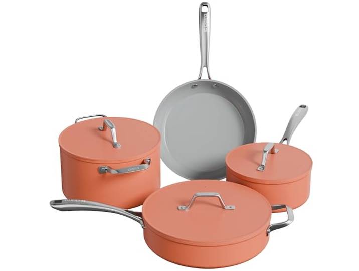 CIARRA Beyond Pfannenset Induktion Orange Topfset 4-teiliges Gesunde Keramik Antihaft,Bratpfanne 26cm,Schmorpfanne 28cm 4.2L,Milchtopf 20cm 2.8L,Suppentopf 24cm 5.9L mit Deckel Kochtopf Set