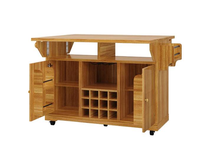 Oxeza Kücheninsel 142.8/40/95 cm Dunkelbraun mit Stauraum, verstellbaren Böden und Weinflaschenhalter, Holz, Rechteckig, 80x95x142.5 cm, Küchen, Küchenmöbel, Kücheninseln