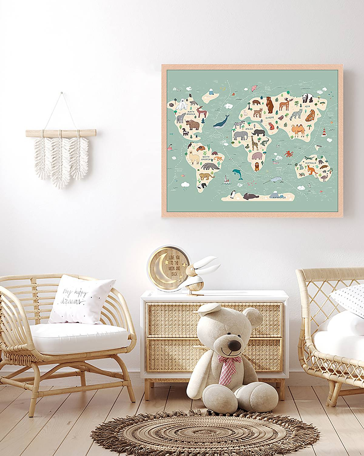 home24 Afbeelding Animals World Map, Meerdere Kleuren, 53 x 63 cm