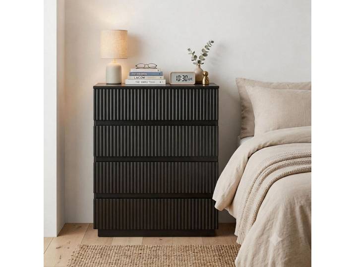Commode avec 4 Tiroirs - ALIGHTUP - Design cannelés Rangement Meuble Chambre Noir 60 x 38 x 78 cm